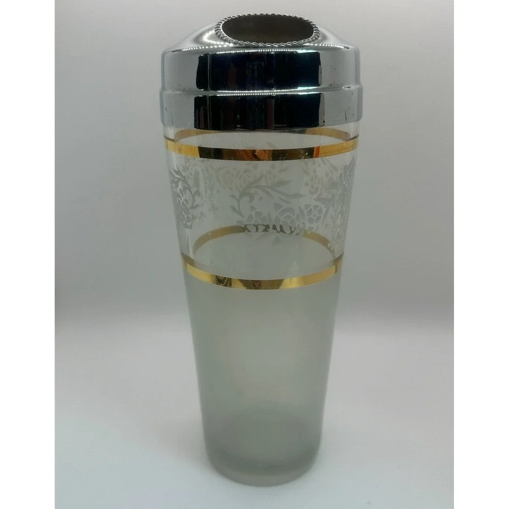 Vintage Frosted Glass Bar Straw Holder Gold‎ Band Chrome Top Mid Century
